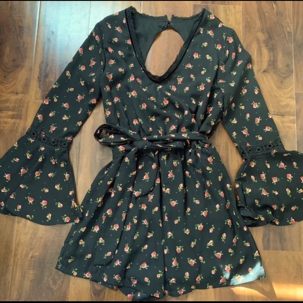 Floral Cutout Bell Sleeve Romper